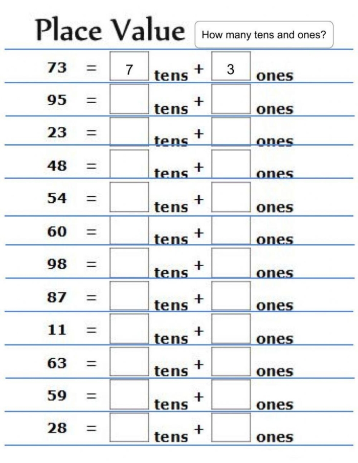 Reading Place Value: Ones and Tens worksheet for first graders First grade worksheet focusing on reading place value for ones and tens