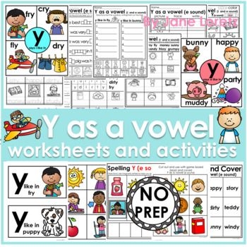 First Grade Geography worksheet focusing on Y as a vowel practice with simple words