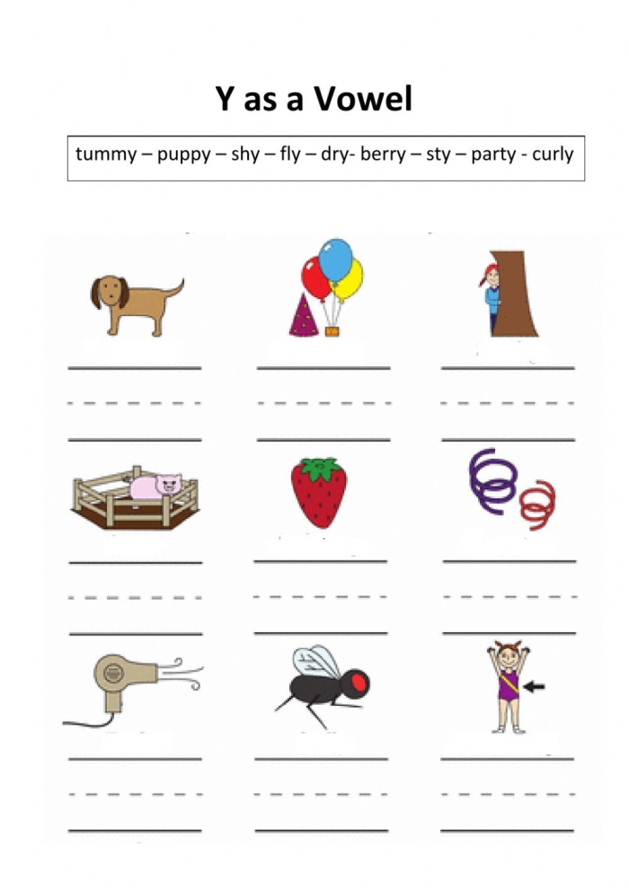 First Grade worksheet focusing on the letter Y acting as a vowel in geography words
