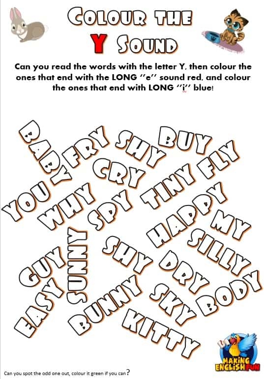 First grade geography worksheet focusing on the letter Y used as a vowel in simple words