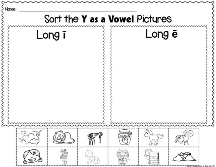 First Grade Geography worksheet focusing on the letter Y as a vowel in tricky words