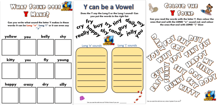 First grade geography worksheet focusing on y as a vowel in tricky words