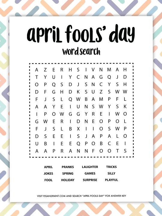 First grade April Fools' Day word search worksheet with silly hidden words and playful illustrations