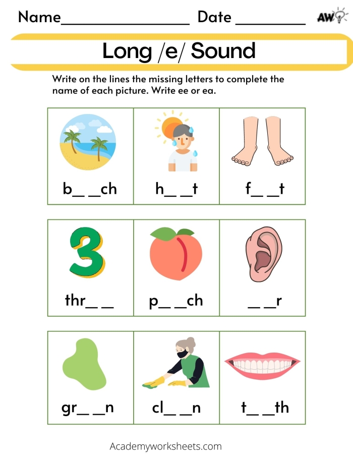 Long E Words Sorting Worksheet for Beginning Readers Grade 1 First grade student sorting words with long e sound pronunciation practice activity