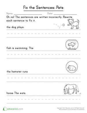 Fix the Sentences: Pets worksheet for young writers in first grade Worksheet image featuring sentences about pets for first graders to correct