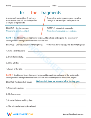 Worksheet 13 for fixing sentence fragments in third grade subtraction exercises Third grade students practicing sentence completion on a Fix the Fragments subtraction worksheet
