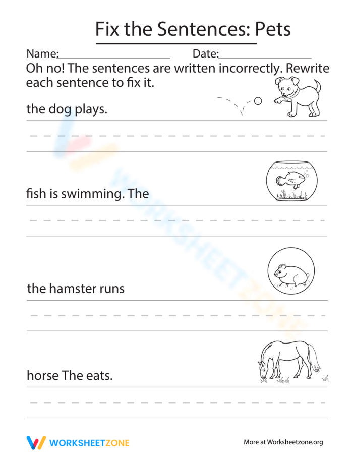 Worksheet image for first graders to practice fixing sentences about pets Incorrectly written sentences about pets for students to correct
