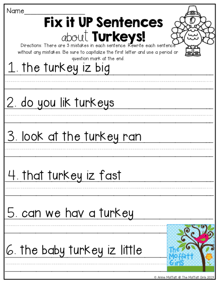 Fix the Sentences: Pets worksheet for first grade writing practice Worksheet featuring incorrect sentences about pets for first graders to correct