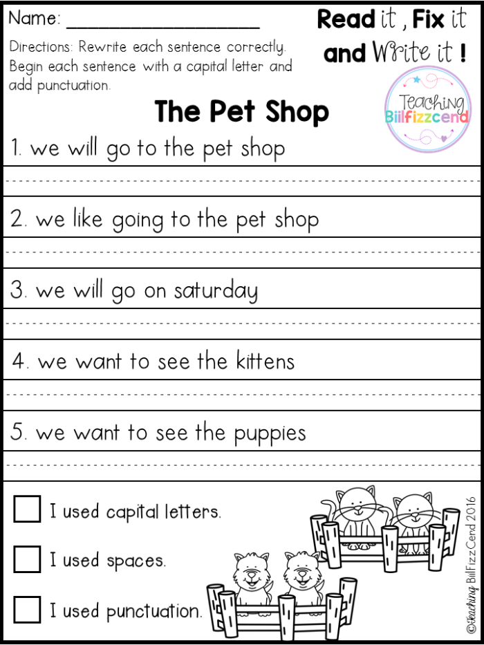 Fix the Sentences: Pets worksheet for first grade writing activity Worksheet featuring incorrect sentences about pets for first graders to rewrite