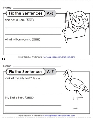 Fix the Sentences: Pets worksheet for young writers Worksheet image for first graders to fix incorrect sentences about pets