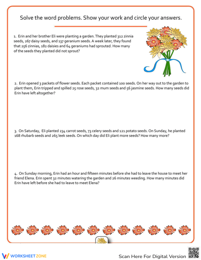Flower Power worksheet helping Erin and Eli in the garden with math challenges Fourth grade students solving flower-themed word problems with addition and subtraction