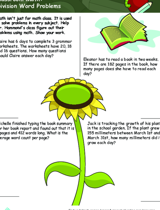 Flower Power worksheet combining addition and subtraction for young math learners, image 14 Fourth grade math worksheet with flower-themed word problems featuring Erin and Eli in the garden