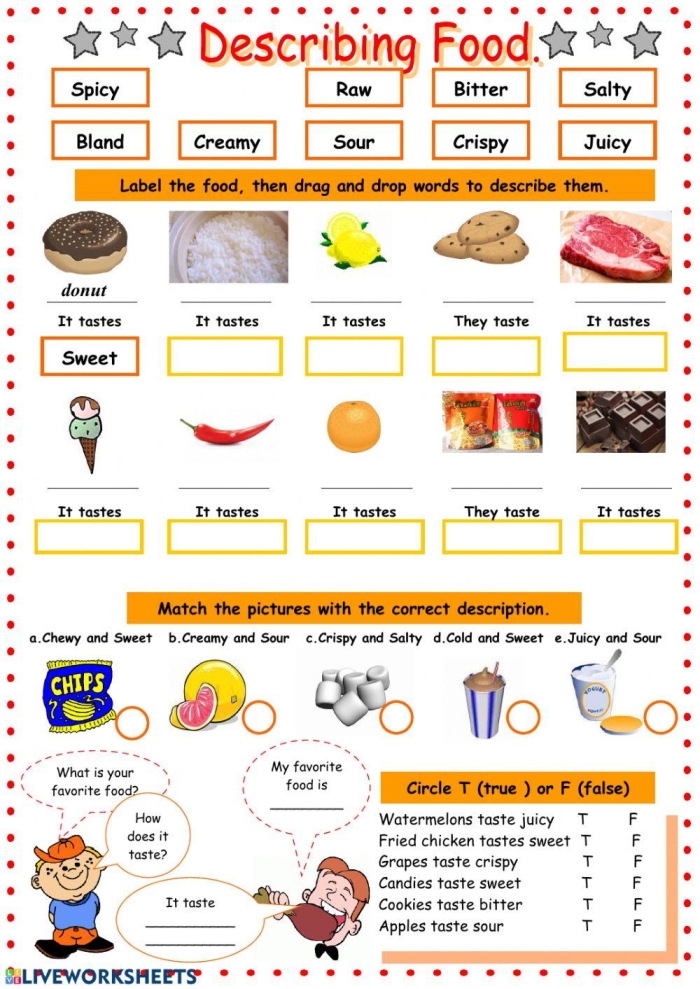 Adjectives to Describe Food worksheet for third graders practicing descriptive writing skills Third grade student completing an adjectives to describe food worksheet with colorful pictures