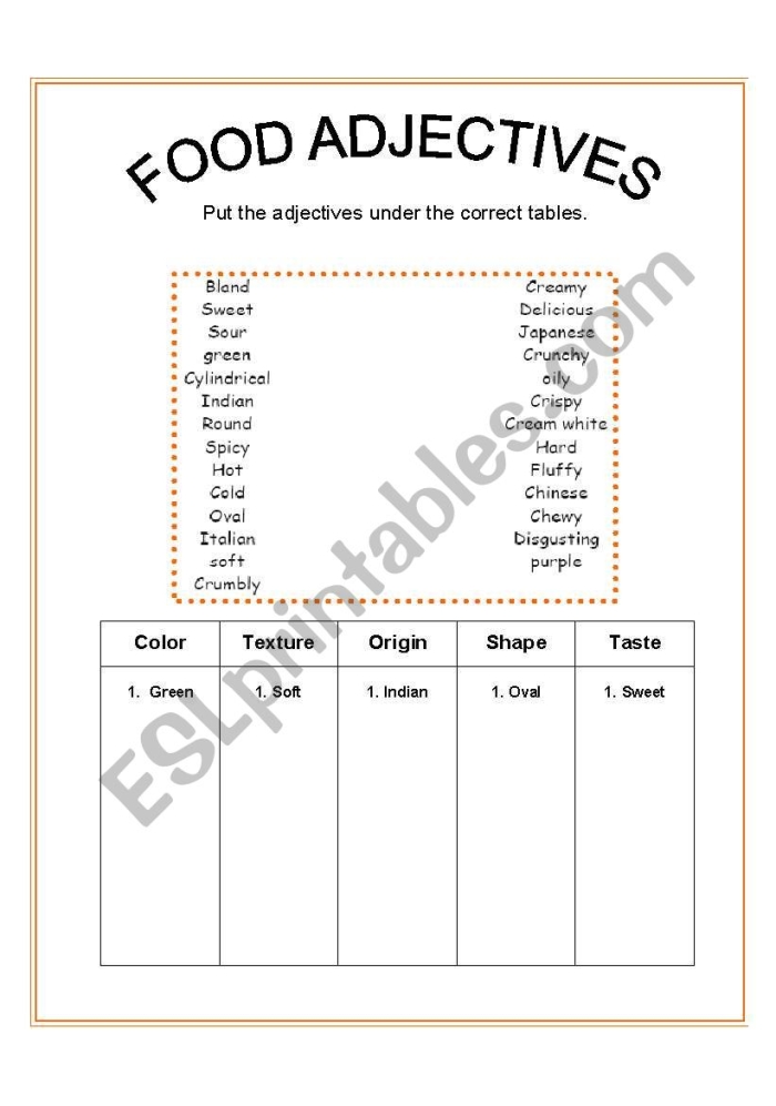 Engaging food adjective practice for third graders worksheet image 2 Third grade student completing an adjectives to describe food worksheet with colorful illustrations