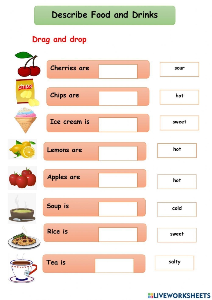 Worksheet for practicing food-related adjectives in third grade reading class, image 19 Third grade students completing an adjectives to describe food worksheet with colorful pictures