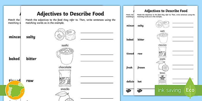 Adjectives to Describe Food worksheet for third graders with creative sentence writing activity Third Grade worksheet featuring adjectives to describe food with sentence practice