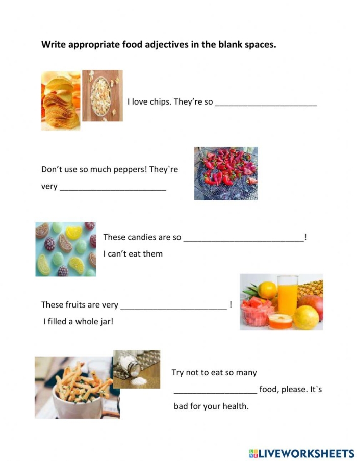 Creative food description practice worksheet for third graders focusing on adjectives and sentence writing Third grade students completing an adjectives to describe food worksheet with colorful illustrations