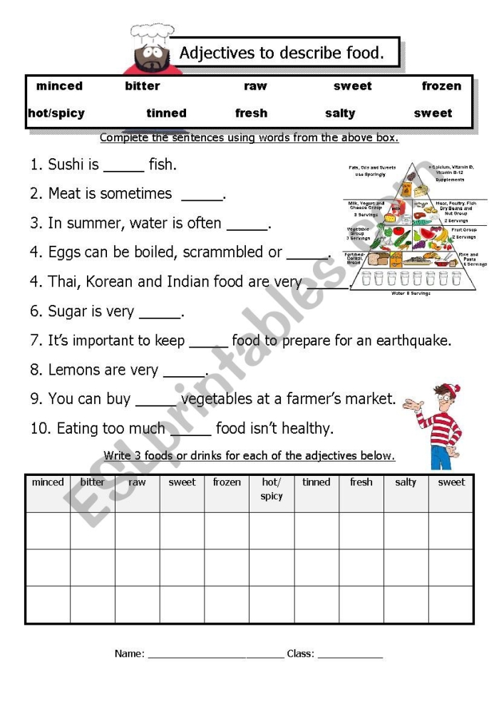 Adjectives to describe food worksheet for third graders practicing descriptive sentences 15 Third grade student completing an adjectives to describe food worksheet with colorful pictures