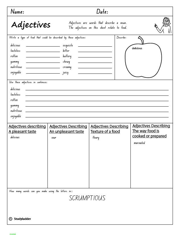 Worksheet for third graders practicing descriptive adjectives about food, image 18 Third grade students completing an adjectives to describe food worksheet with colorful illustrations