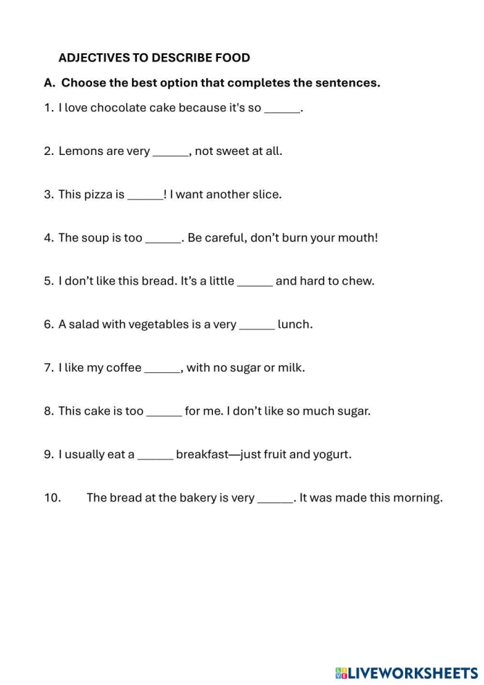 Adjectives to Describe Food practice worksheet for third grade learners, image 12 Third-grade students complete an adjectives to describe food worksheet with colorful pictures