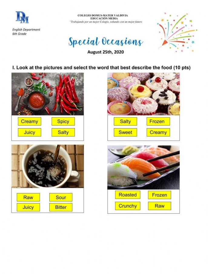 Creative food description practice worksheet for third grade learners number 7 Third grade students complete a worksheet using adjectives to describe various foods