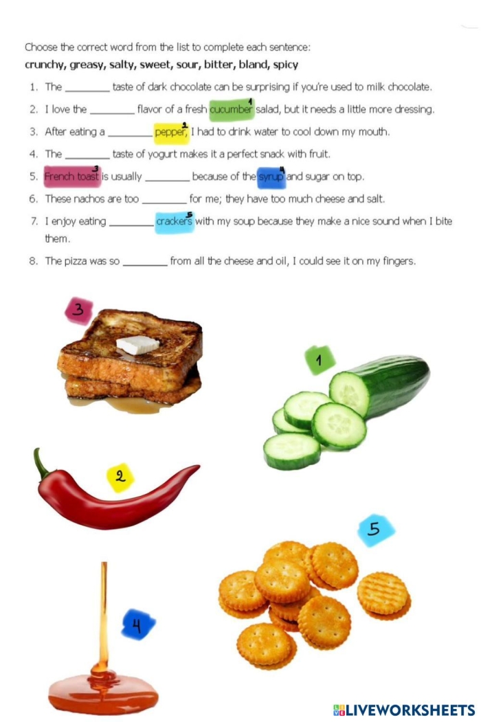 Adjectives to Describe Food worksheet for third graders activity number 5 Third grade students complete an adjectives to describe food worksheet for reading practice