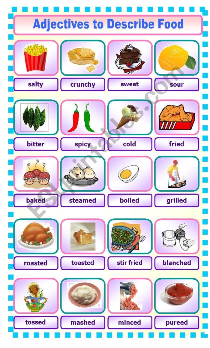 Adjectives to Describe Food worksheet for third grade reading practice with fun sentence writing tasks Third grade students completing an adjectives to describe food worksheet with colorful illustrations