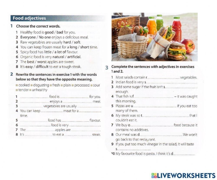 Adjectives to Describe Food worksheet for third graders practicing sentence writing skills Third grade students complete a worksheet using food adjectives to write descriptive sentences