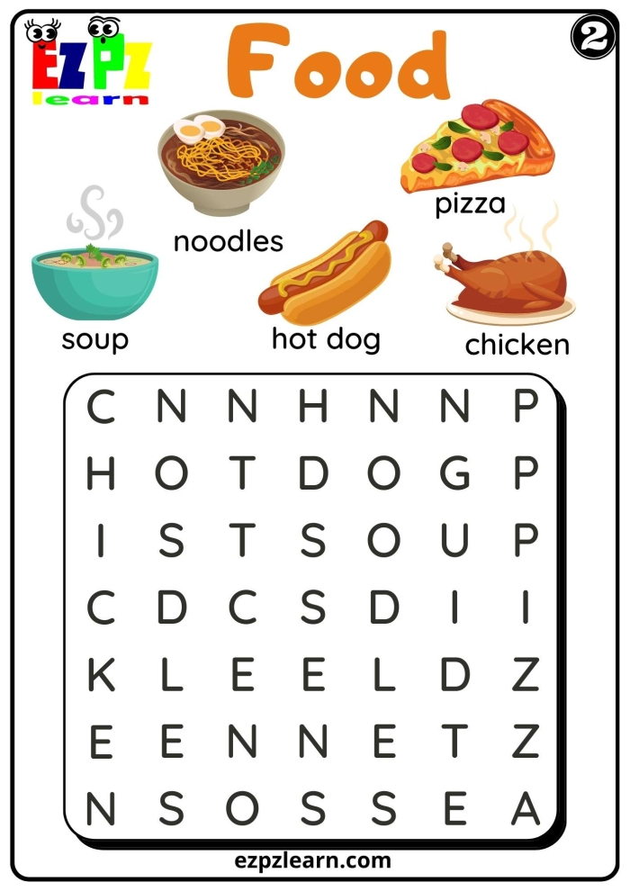 Engage in a fun Food Word Search puzzle for second graders to boost spelling and logic skills Second Grade Food Word Search worksheet with various food-related words to find
