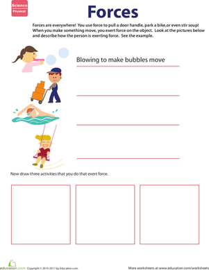 Second grader completing a Learn About Force worksheet by identifying pushing and pulling actions