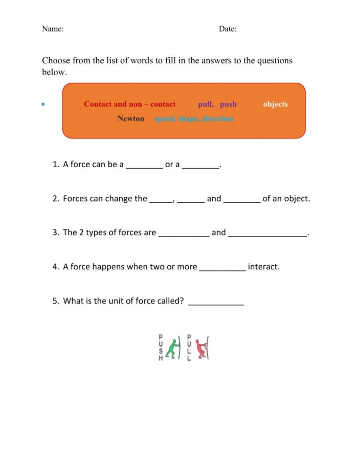 Second grader completing a Learn About Force worksheet by identifying pushes and pulls