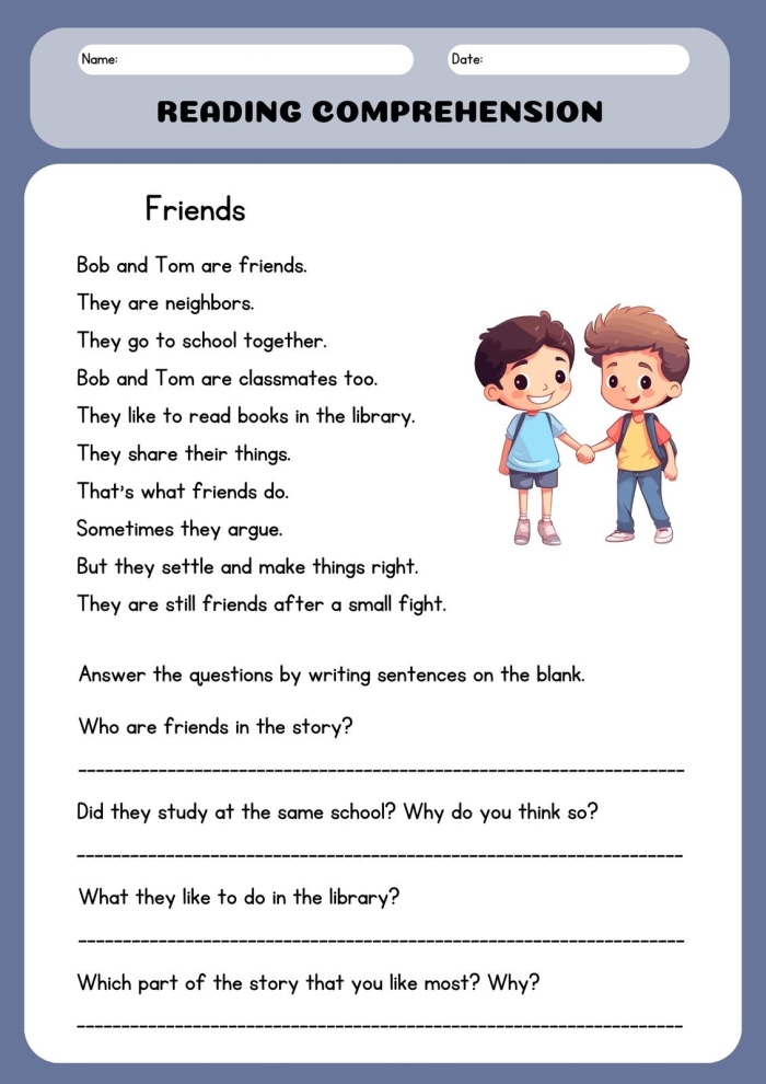 Kindergarten worksheet featuring The Four Friends poem by A.A. Milne with comprehension questions