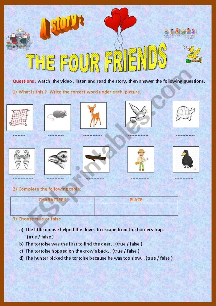 Kindergarten worksheet featuring The Four Friends poem and comprehension questions
