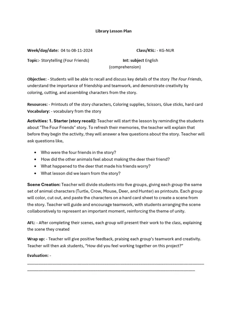 Kindergarten worksheet featuring The Four Friends poem by A.A. Milne with simple questions