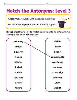 Engaging vocabulary worksheet for fourth graders focusing on antonyms matching exercise number 5 Fourth Grade Match the Antonyms Level 2 worksheet with words to pair with their opposites