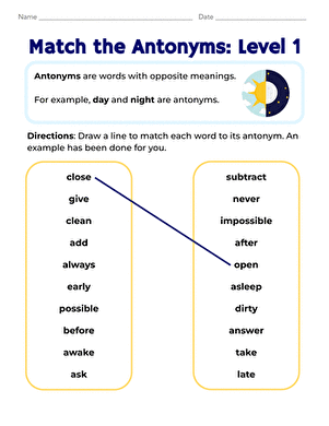 Engaging Level 2 worksheet for antonym matching in fourth grade addition category Fourth Grade vocabulary worksheet matching antonyms for level 2 practice
