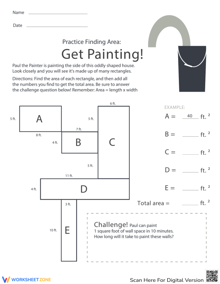 Practice Finding Area: Get Painting! worksheet for fourth grade geometry Students calculating the area of a building in a geometry worksheet for fourth graders