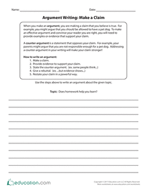 Fourth grade students writing an argument about homework with a claim statement worksheet