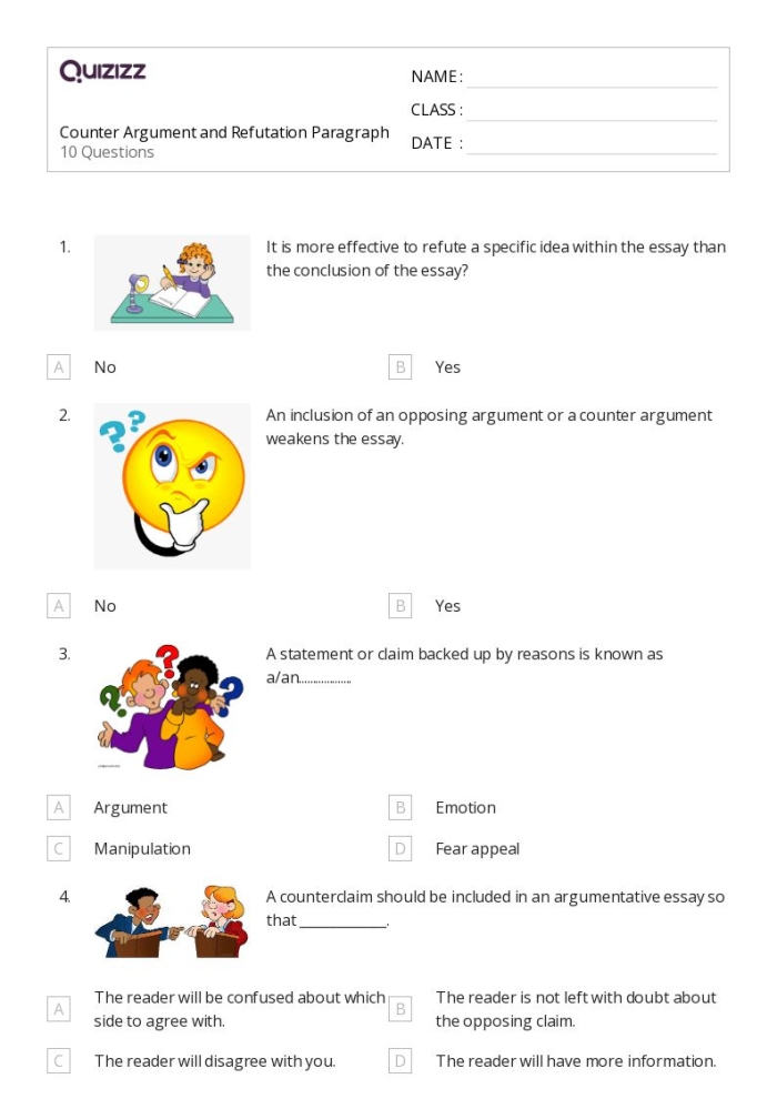 Worksheet for fourth graders focusing on counter-arguments and rebuttals in argument writing