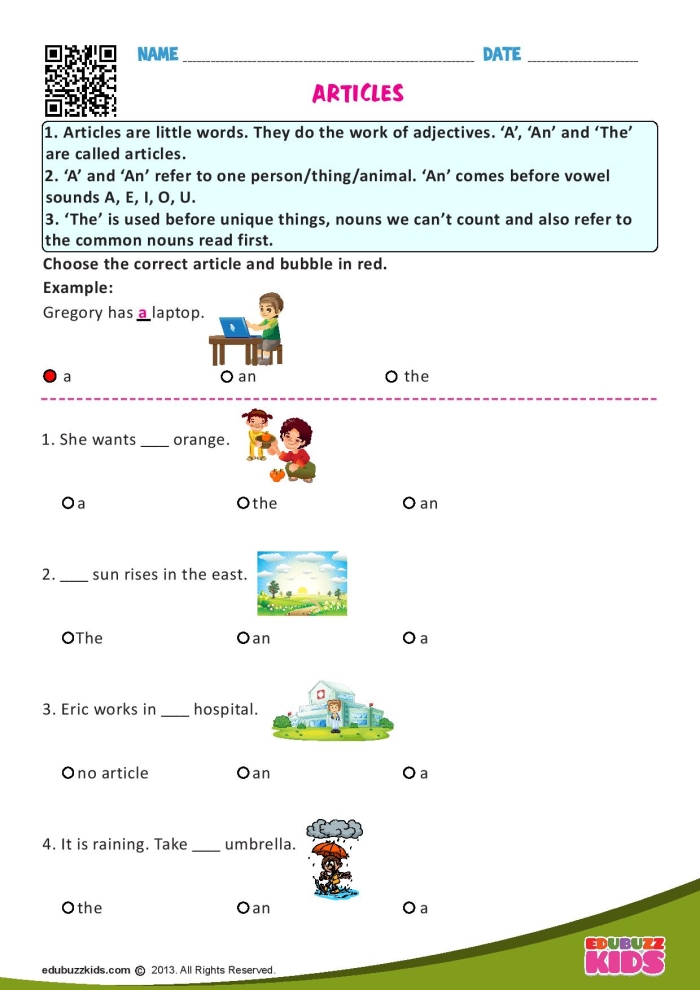 Awesome Articles exercise focusing on identifying a, an, and the in literature passages Fourth grade students circling articles in quotes from Bud, Not Buddy worksheet activity 22