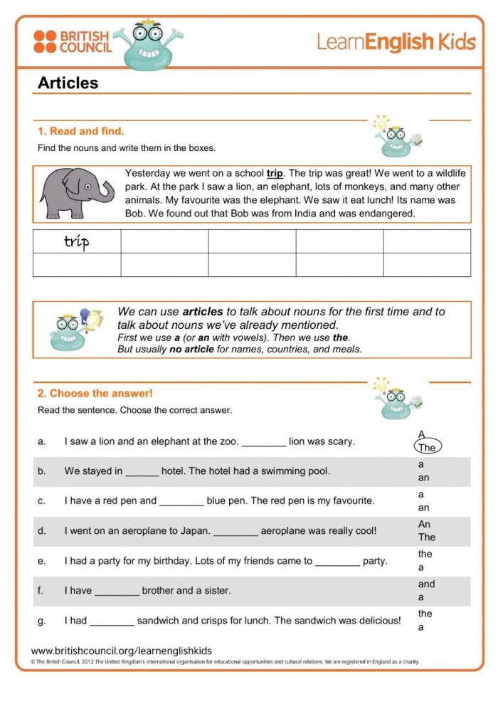 Awesome Articles worksheet exercise for identifying a an and the in literature excerpts Fourth grade students circling articles in quotes from Bud Not Buddy worksheet activity 23