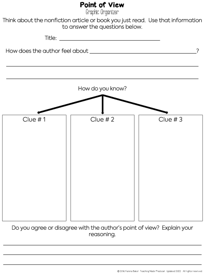 Visual aid for analyzing nonfiction texts with author’s perspective in a data and graphing activity, image 25 Graphic organizer worksheet for fourth graders focusing on author’s point of view and supporting evidence