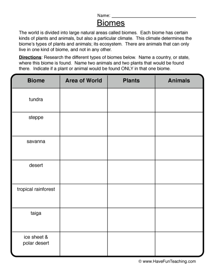 What Is a Biome? Educational worksheet with answers for simple science questions Worksheet illustrating various Earth biomes for fourth-grade life science lessons