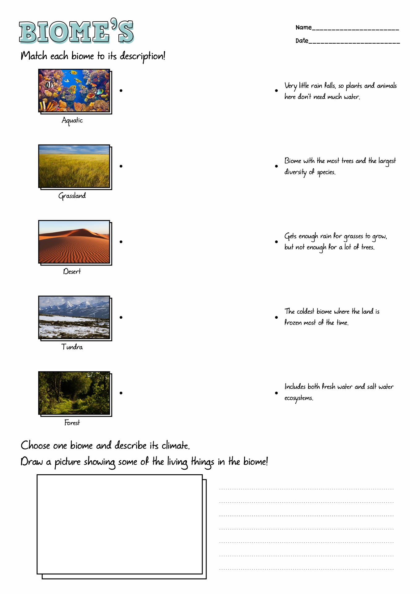 Educational resource on biomes with questions and answers for fourth-grade students Worksheet featuring various biomes of Earth for fourth graders to explore life science concepts