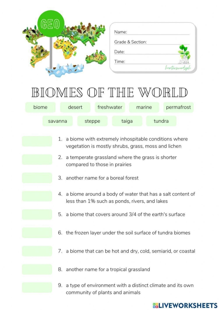 Educational resource about biomes designed for young learners in geometry class Worksheet featuring various biomes on Earth for fourth-grade life science students