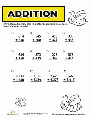 Worksheet image for practicing three- and four-digit addition skills in Grammar and Mechanics Fourth grade Bumble Bee Addition worksheet with twelve multidigit addition problems