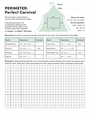 Perimeter Perfect Carnival worksheet activity for measuring and mapping carnival spaces in the gym Fourth grade students calculating perimeter to design a school carnival layout on graph paper