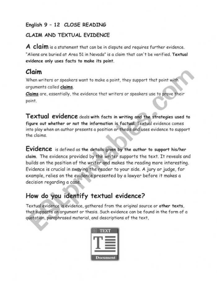 Fourth Grade Reading Worksheet: Developing Claims and Supporting Evidence Worksheet for fourth graders on making a claim and providing evidence from a story