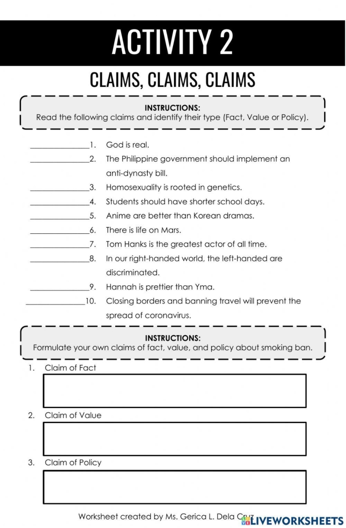 Educational resource for developing claims in reading comprehension Worksheet for fourth graders on making a claim with supporting evidence