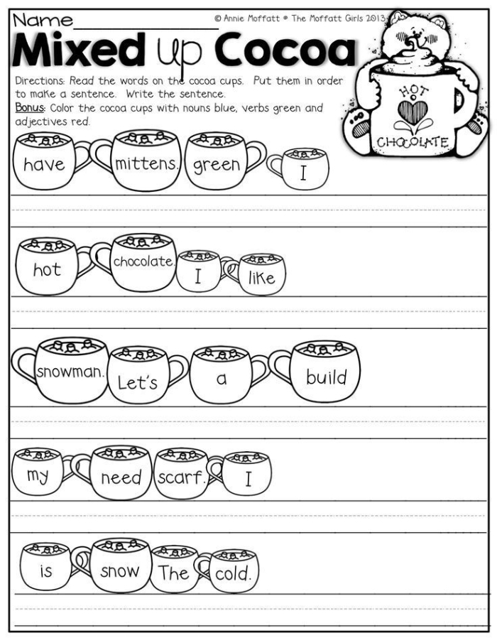 Teamwork and story building in a fun writing activity for fourth grade students Fourth graders collaborate on sentence structure in a Sentence Mix-Up Game worksheet